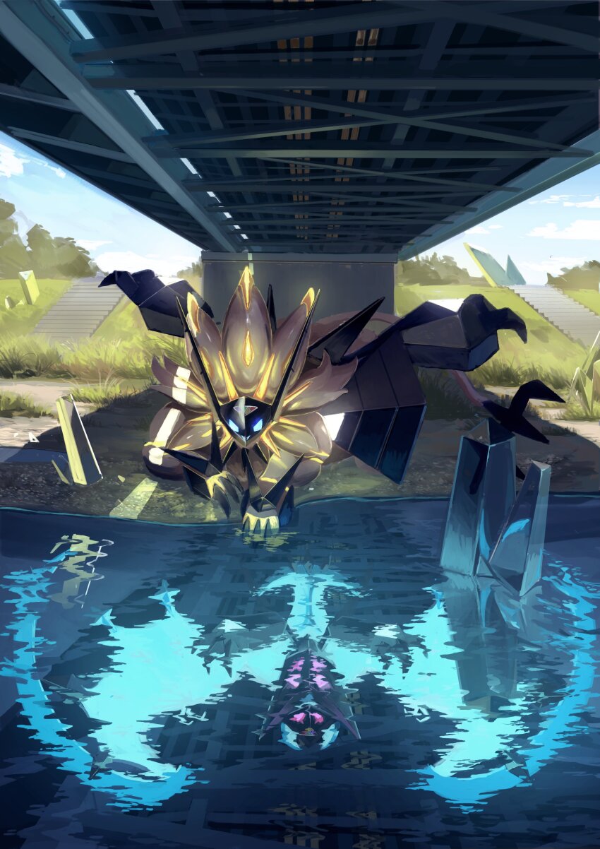 absurdres animal_focus blue_eyes bridge cloud commentary day different_reflection gen_7_pokemon grass highres king_joe_(neoroto) legendary_pokemon looking_down necrozma necrozma_(dawn_wings) necrozma_(dusk_mane) nintendo no_humans outdoors pokemon pokemon_(creature) reflection river sky under_bridge water