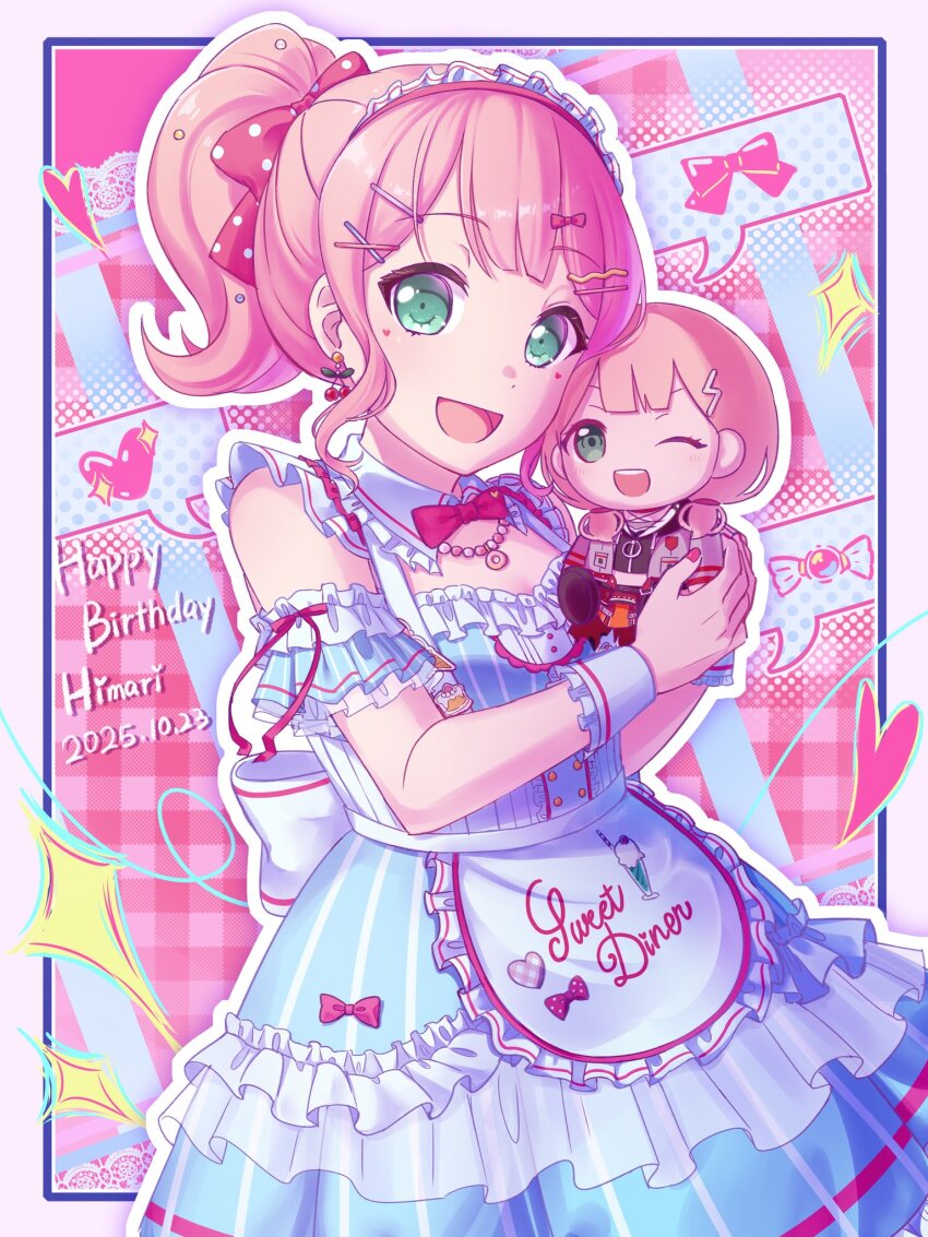 1girl :d ;d apron bang_dream! bare_shoulders blue_dress bow candy dated dress earrings food food-themed_earrings frilled_dress frills gorilla-chan_(axpdxsyc0222) green_eyes hair_bow hair_ornament happy_birthday heart highres holding holding_stuffed_toy jewelry looking_at_viewer maid_headdress one_eye_closed open_mouth pink_bow pink_hair ponytail smile solo stuffed_animal stuffed_toy uehara_himari upper_body white_apron x_hair_ornament