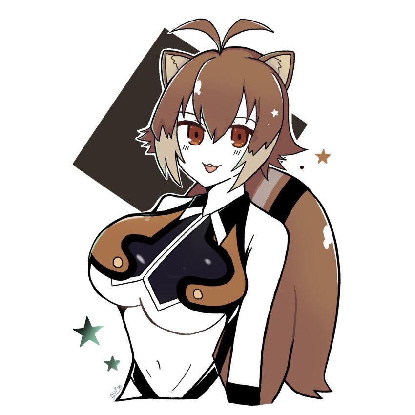 1girl animal_ears bare_shoulders blazblue breasts brown_eyes brown_hair crop_top large_breasts makoto_nanaya mutuki78 short_hair sleeveless squirrel_ears squirrel_tail tail teeth underboob upper_body upper_teeth_only