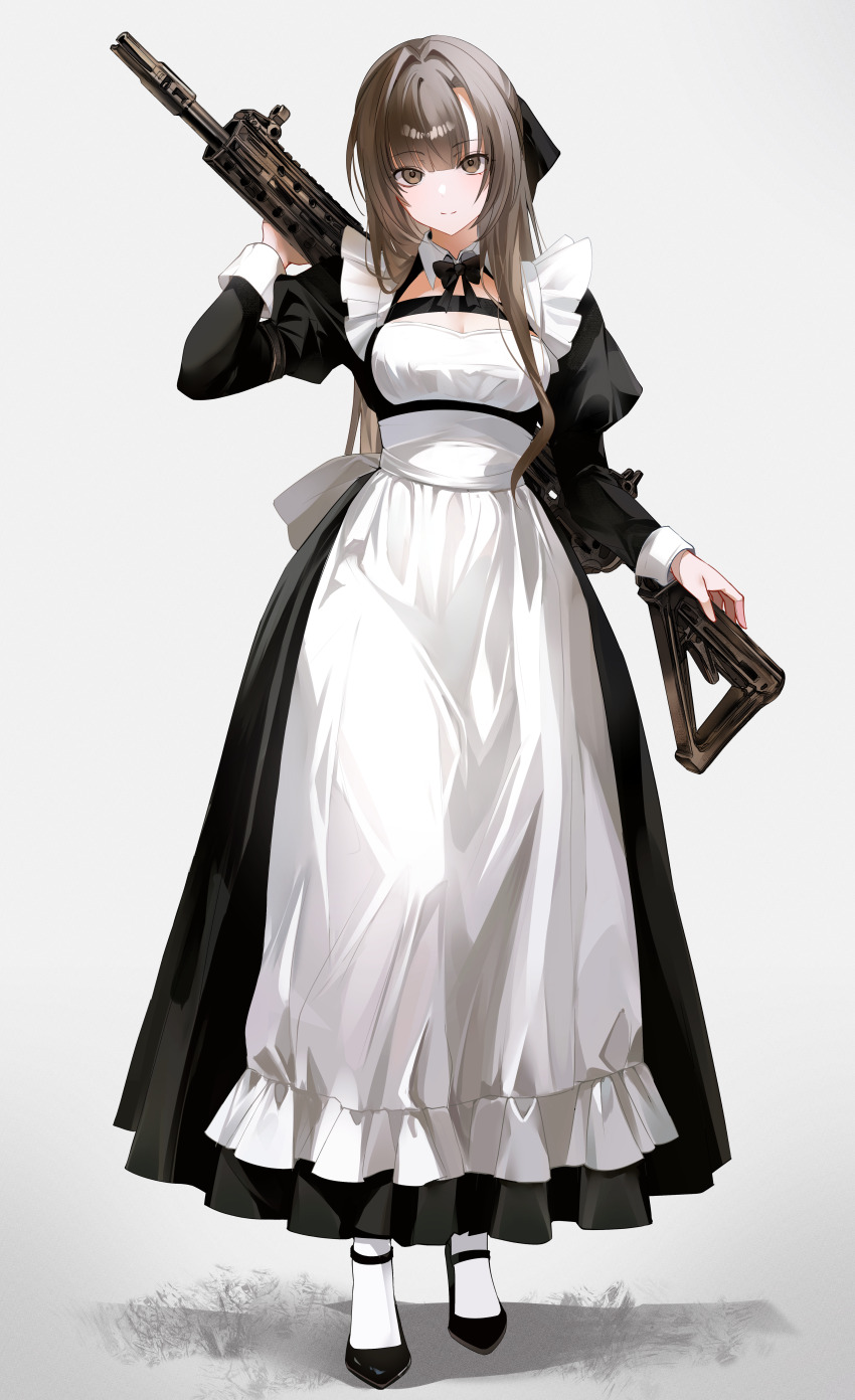 1girl absurdres apron black_dress black_ribbon black_shoes breasts brown_eyes brown_hair cleavage commentary dress full_body gun hair_ribbon highres holding holding_gun holding_weapon juliet_sleeves long_hair long_sleeves looking_at_viewer maid onmoynn open_mouth original puffy_sleeves ribbon shoes simple_background smile socks solo standing weapon white_apron white_background white_socks