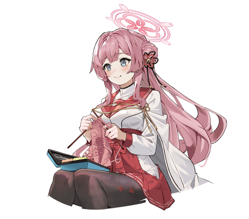 1girl black_pantyhose black_ribbon blue_archive blush breasts closed_mouth commentary commission hair_bun hair_ribbon halo high-waist_skirt highres knitting knitting_needle long_hair long_sleeves mimori_(blue_archive) needle pantyhose pink_hair pink_halo pleated_skirt red_sailor_collar red_skirt ribbon sailor_collar school_uniform serafuku simple_background single_side_bun sitting skirt smile solo white_background white_serafuku wuzhu_nis yarn