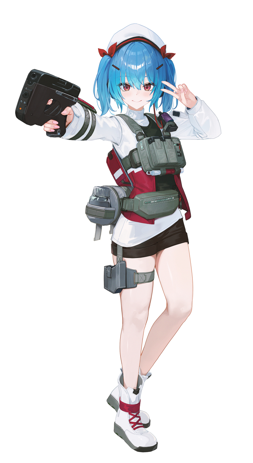 1girl absurdres ammunition_pouch backpack bag beret black_shorts blue_hair blush boots bow chest_rig colphne_(girls&#039;_frontline_2) commission fanny_pack fieryonion full_body girls&#039;_frontline girls&#039;_frontline_2:_exilium gun hair_between_eyes hair_bow hair_ornament hairpin hand_up handgun hat highres holding holding_gun holding_weapon holster jacket long_sleeves looking_at_viewer medium_hair mixed-language_commentary multicolored_jacket outstretched_arm pocket_pistol pouch red_bow red_eyes red_jacket short_shorts shorts simple_background smile solo standing taurus_curve thighs turtleneck turtleneck_jacket twintails v weapon white_background white_boots white_hat white_jacket
