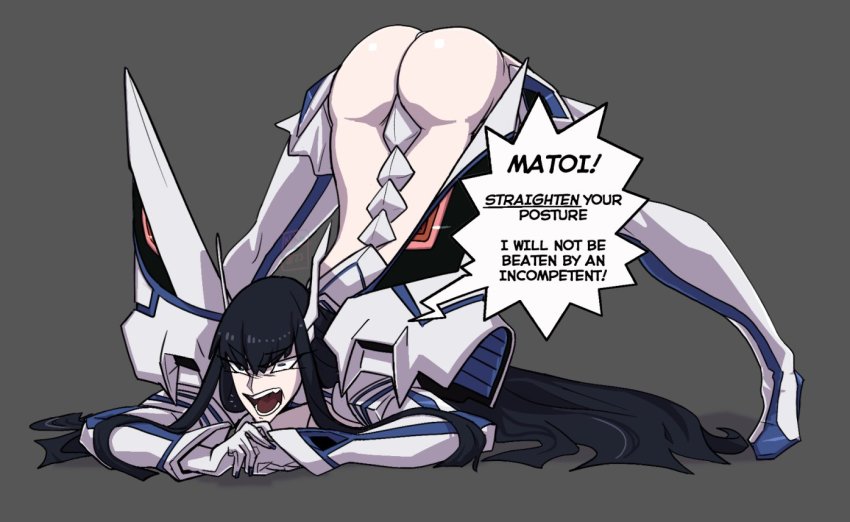 1girl ass back bent_over black_hair blue_eyes boots breasts cleavage clothes_pull english_text gloves hanging_breasts high_heels jack-o&#039;_challenge junketsu kamui_(kill_la_kill) kamuify kill_la_kill kiryuuin_satsuki long_hair long_sleeves miniskirt open_mouth panties shouting sidelocks simple_background skirt skirt_pull solo teeth thick_eyebrows thigh_boots thighhighs top-down_bottom-up underwear very_long_hair