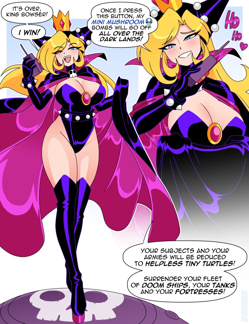absurdres aged_up black_boots black_cape black_gloves black_hood black_leotard blonde_hair blue_eyes bomb boots bracelet breasts cape cleavage collared_cape controller crown elbow_gloves explosive fangs gloves hair_over_one_eye high_collar highleg highleg_leotard highres holding holding_remote_control holding_unworn_cape holding_unworn_clothes hood hood_up jewelry large_breasts latex latex_boots latex_gloves latex_leotard laughing leather leather_boots leather_gloves leather_leotard leotard light_blush long_hair mario_(series) mario_power_tennis mario_tennis mini_mushroom nico-neko nintendo ojou-sama_pose open_mouth pink_cape pink_gemstone power-up purple_boots purple_cape purple_gloves purple_hood purple_leotard remote_control sidelocks skull_brooch skull_print smug spiked_belt spiked_bracelet spikes strapless thigh_boots transformation unworn_cape warupeach