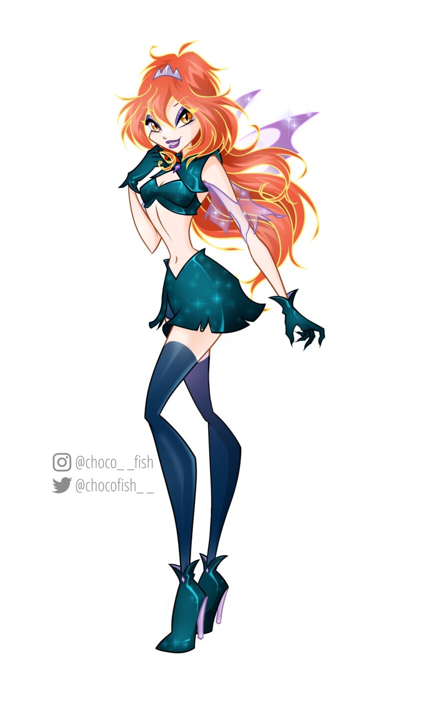 1girl adapted_costume aqua_boots aqua_gloves aqua_shirt aqua_shrug aqua_skirt bad_id bad_twitter_id bare_shoulders bloom_(winx_club) blue_thighhighs boots breasts chocofish claws cleavage clothing_cutout collared_shrug commentary crop_top dark_bloom_(winx_club) english_commentary eyelashes eyeshadow fairy fairy_wings full_body glitter gloves hair_between_eyes hand_on_own_cheek hand_on_own_face high_heel_boots high_heels highres instagram_username lipstick long_hair looking_at_viewer magical_girl makeup midriff mini_tiara miniskirt navel open_mouth orange_hair purple_eyeshadow purple_lips purple_sleeves purple_wings see-through_clothes see-through_sleeves shirt short_sleeves shoulder_cutout shrug_(clothing) silver_tiara simple_background skirt skirt_set slit_pupils smile solo standing teeth thighhighs tiara torn_clothes torn_skirt torn_sleeves transparent_wings twitter_username very_long_hair watermark wavy_hair white_background wings winx_club yellow_eyes zettai_ryouiki