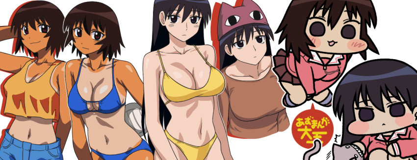 2girls azumanga_daioh&#039;s_school_uniform azumanga_daiou bikini black_eyes black_hair blue_bikini blue_shorts breasts brown_eyes brown_hair brown_shirt brown_skirt chibi chibi_inset jazz_jack kagura_(azumanga_daioh) large_breasts long_hair multiple_girls navel one-piece_tan pink_shirt sakaki_(azumanga_daioh) school_uniform shirt short_hair shorts skirt swimsuit tan tanline yellow_bikini yellow_shirt