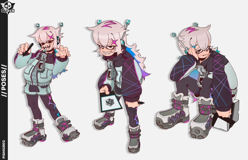 3girls ankle_boots aqua_hair arm_support asymmetrical_legwear bags_under_eyes black_collar black_jacket black_leggings black_sleeve_cuffs black_sleeves blue_hair boots bug_(glitchx) card claw_pose closed_mouth collar collared_jacket colored_inner_hair commentary concept_art contrapposto crossed_bangs crotchless_shorts cube double-parted_bangs drop_shadow dual_persona english_commentary eyelashes fang fluffy_hair ggggrg00 glitchx gradient_hair grin hair_ornament headphones highres holding holding_card holding_stylus jacket jitome jpeg_artifacts leaning_forward leggings legs_apart long_hair long_sleeves looking_at_viewer multicolored_hair multicolored_jacket multiple_girls official_art open_mouth pink_hair print_footwear print_leggings production_art puffy_long_sleeves puffy_sleeves purple_hair screentones sharp_teeth short_eyebrows short_shorts shorts simple_background sitting sleeve_cuffs smile standing standing_on_one_leg stylus teeth thick_eyebrows tongue two-tone_jacket two-tone_sleeves white_background white_footwear white_jacket white_shorts white_sleeves