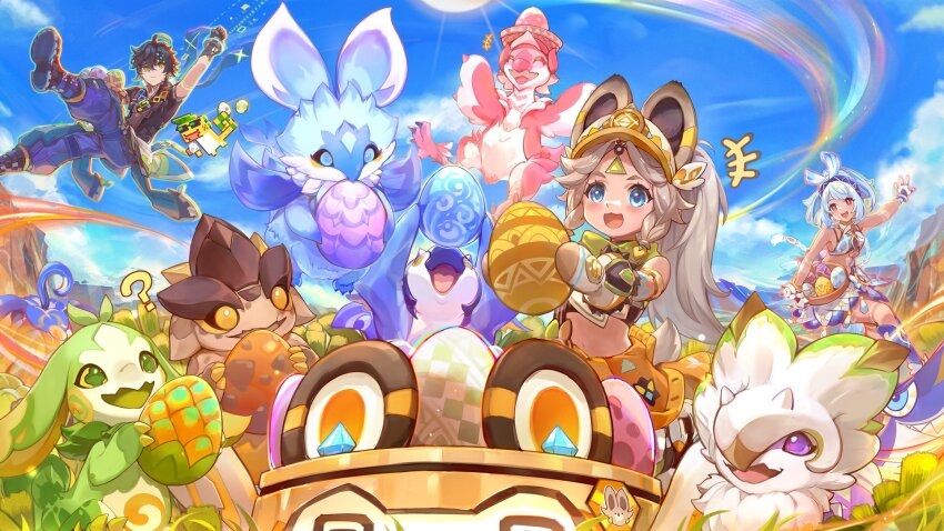 1boy 2girls 6+others ? ajaw_(genshin_impact) animal_ears animal_hat black_gloves black_hair black_shirt blonde_hair blue_eyes blue_hairband blue_pants blush commentary crop_top csyday easter_egg egg english_commentary forehead genshin_impact gloves hairband hat highres holding holding_egg iktomisaurus_(genshin_impact) kachina_(genshin_impact) kinich_(genshin_impact) koholasaurus_(genshin_impact) long_hair midriff mualani_(genshin_impact) multiple_girls multiple_others official_art open_mouth pants ponytail qucusaurus_(genshin_impact) red_eyes shirt shoes short_hair shorts tatankasaurus_(genshin_impact) tepetlisaurus_(genshin_impact) upper_body visor_cap white_hair yumkasaurus_(genshin_impact)