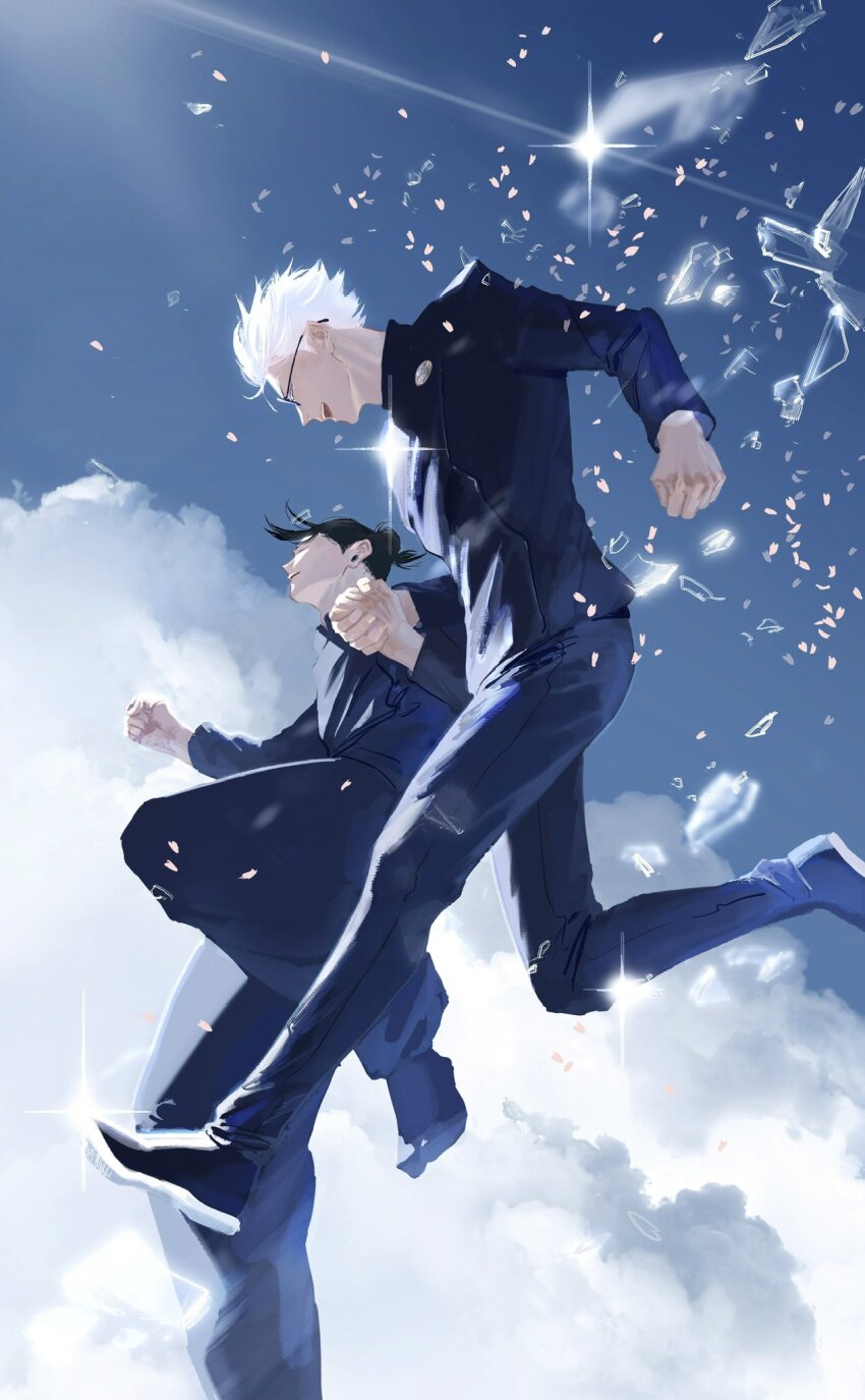 2boys black_hair blue_sky cloud feet_out_of_frame full_body getou_suguru glass_shards gojou_satoru highres holding_hands isa_(isanayoruho) jujutsu_kaisen jujutsu_tech_uniform jumping male_focus multiple_boys short_hair sky sunglasses white_hair