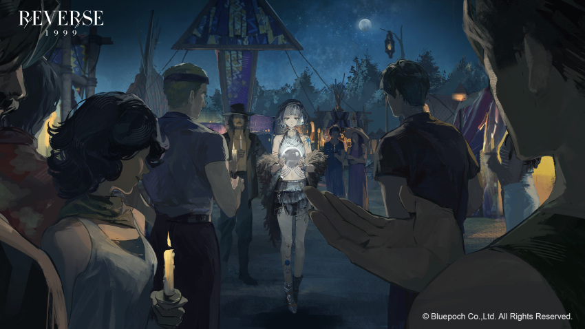 3girls 4boys ankle_boots aqua_eyes ball bare_shoulders black_hair black_skirt blue_sky blunt_bangs blunt_ends bob_cut boots brown_hair candle copyright_name copyright_notice crystal_ball earrings facing_away feather_boa fire glowing grey_footwear grey_hair grey_tank_top hair_ornament hand_up highres holding holding_ball holding_candle jewelry leg_tattoo logo looking_at_another looking_at_object looking_down mercuria_(reverse:1999) miniskirt multiple_boys multiple_girls night night_sky official_art official_wallpaper outdoors people profile reverse:1999 shirt short_hair shoulder_tattoo skirt sky standing star_(symbol) star_hair_ornament straight-on t-shirt tank_top tattoo tent wide_shot