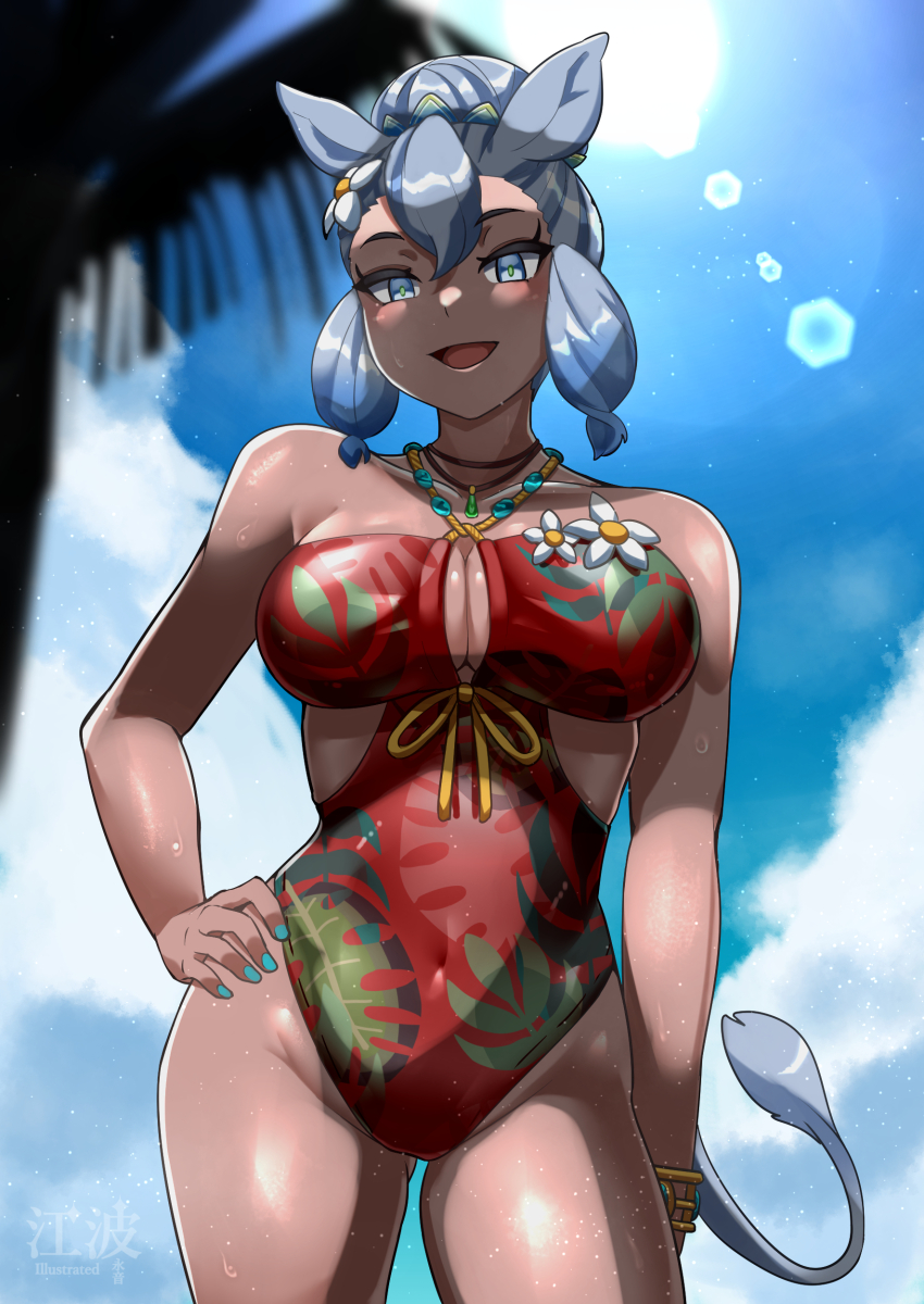1girl absurdres animal_ears arm_at_side artist_logo backlighting blue_eyes blue_hair blurry blurry_background blush breasts cleavage covered_navel cowboy_shot dark-skinned_female dark_skin day fingernails floral_print flower green_pupils groin hair_between_eyes hair_bun hair_flower hair_ornament hand_on_own_hip highres jewelry kawanami_eito kemono_friends kemono_friends_3 large_breasts logo looking_at_viewer nail_polish one-piece_swimsuit open_mouth outdoors palm_tree paraceratherium_(kemono_friends) pendant print_swimsuit rhinoceros_ears rhinoceros_girl rhinoceros_tail short_hair single_hair_bun smile solo straight-on sun sunlight swimsuit tail tree