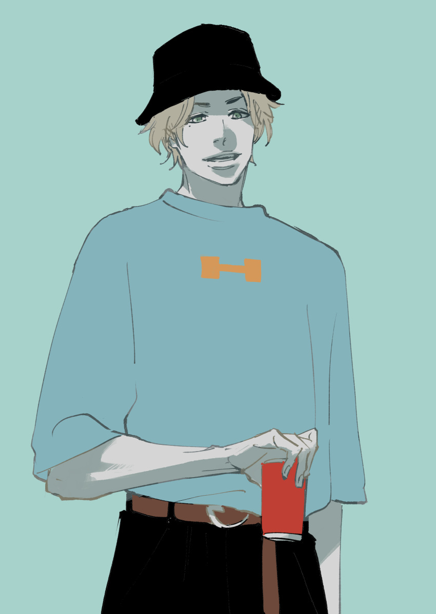 1boy absurdres alternate_costume belt bleach bleach:_sennen_kessen-hen brown_hair cup green_eyes hat highres holding holding_cup kubo_tite male_focus marcel_halpmann mole mole_under_eye pants shirt short_hair smile solo