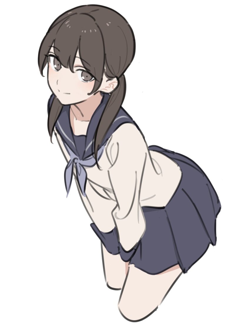 1girl blue_sailor_collar blue_skirt blush bow breasts brown_eyes brown_hair closed_mouth hair_between_eyes highres kashiwa_(iersansi) long_hair long_sleeves looking_at_viewer original pleated_skirt sailor_collar shirt simple_background skirt smile solo twintails white_background