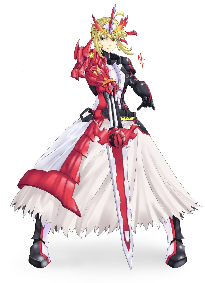 1girl armor armored_dress artoria_pendragon_(fate) asymmetrical_armor asymmetrical_gloves black_armor blonde_hair braid braided_bun brave_dragon crossover dragon dress elfuentes fate_(series) fusion gloves hair_bun henshin highres holding holding_sword holding_weapon kaenken_rekka kamen_rider kamen_rider_saber kamen_rider_saber_(series) multicolored_armor multicolored_clothes planted planted_sword planted_weapon red_armor rider_belt saber_(fate) saber_alter signature solo sword tokusatsu visor_(armor) weapon white_armor white_background yellow_eyes