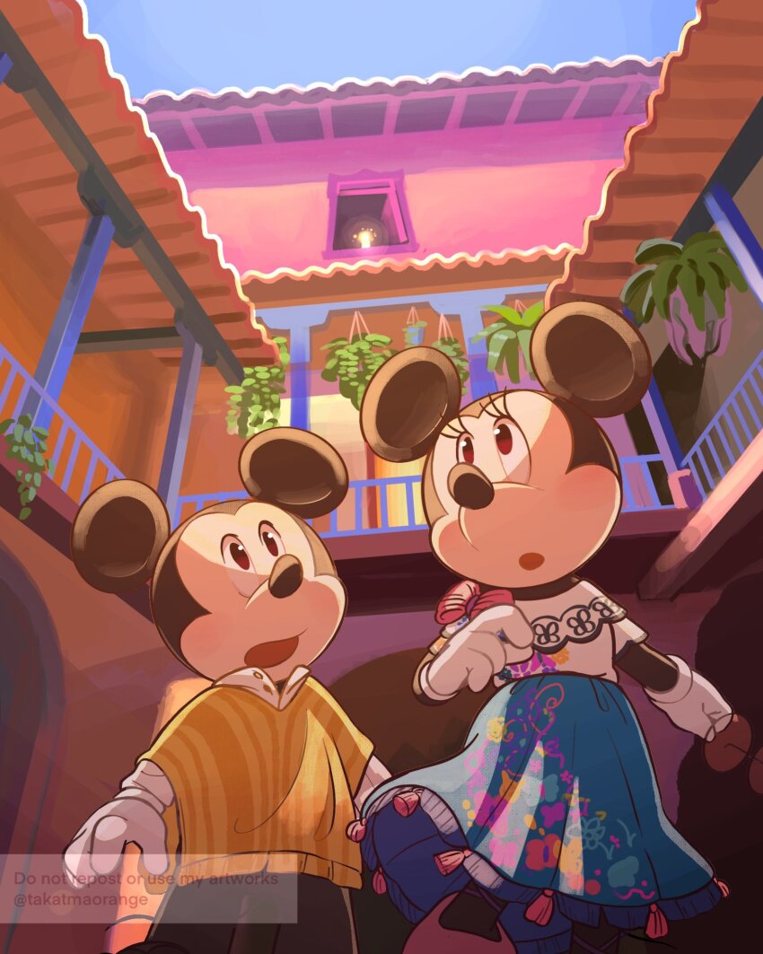 1boy 1girl alternate_costume animal_ears camilo_madrigal camilo_madrigal_(cosplay) cosplay disney encanto gloves highres house leaf looking_up mickey_mouse minnie_mouse mirabel_madrigal mirabel_madrigal_(cosplay) mouse_ears open_mouth shirt takatmaorange