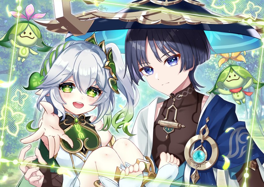 1boy 1girl absurdres aranara_(genshin_impact) armlet armor black_bodysuit black_hair blue_cape blue_eyes blunt_ends bodysuit braid cape carrying carrying_person collarbone cross-shaped_pupils dress eyeliner eyeshadow genshin_impact glowing gold gradient_hair green_eyes green_hair hair_between_eyes hair_ornament hat hetero highres japanese_armor japanese_clothes jewelry jingasa kimono knees kote kurokote leaf leaf_hair_ornament light_blush looking_at_viewer makeup mandarin_collar multicolored_hair nahida_(genshin_impact) open_clothes open_hand open_kimono open_mouth open_vest outstretched_arm parted_bangs pointy_ears red_eyeliner red_eyeshadow scaramouche_(genshin_impact) side_ponytail sidelocks single_braid stirrup_footwear stirrup_legwear symbol-shaped_pupils tateko25wiz toeless_footwear toeless_legwear toes vest vision_(genshin_impact) wanderer_(genshin_impact) white_dress white_hair white_kimono white_vest