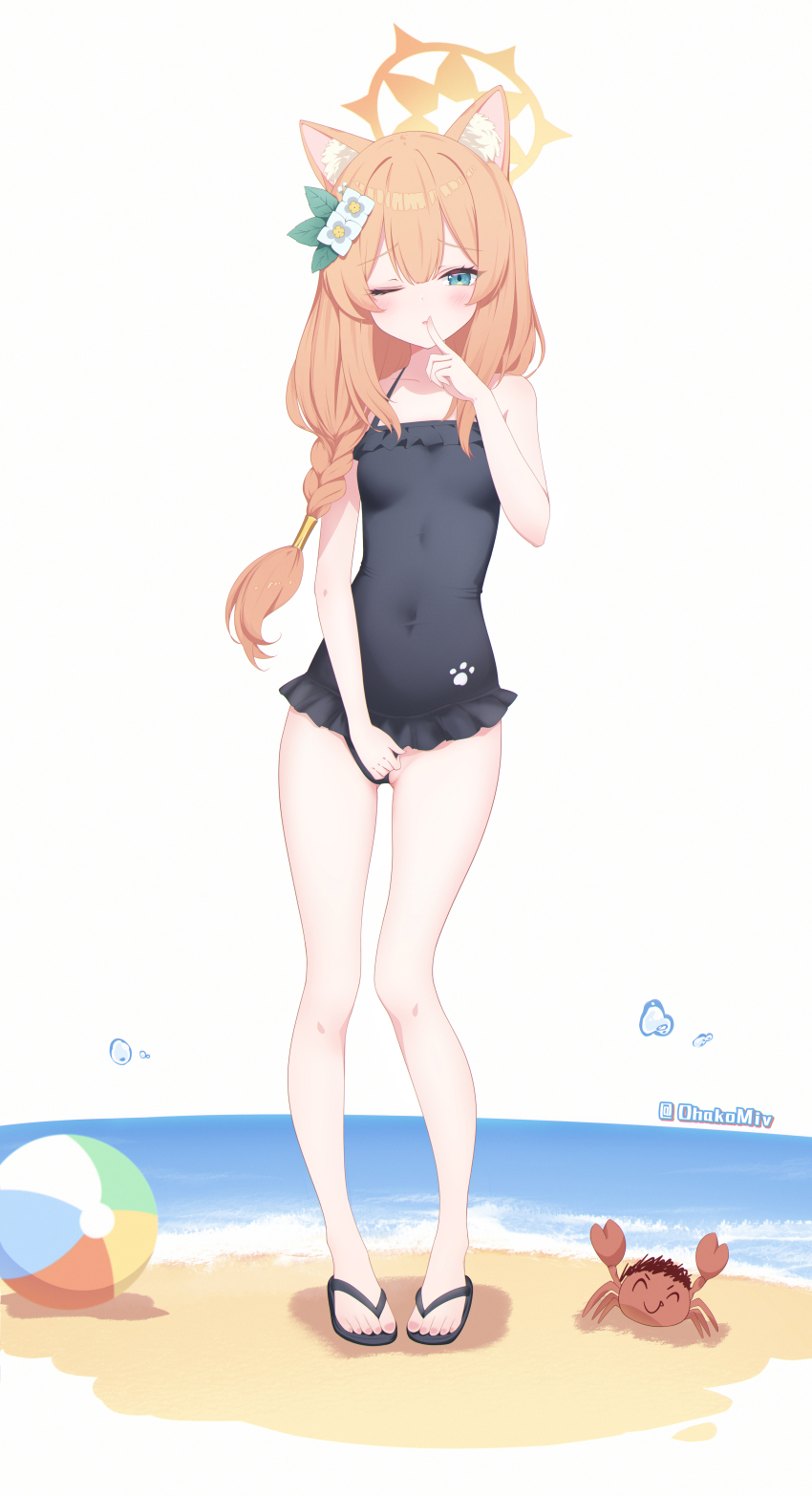 1boy 1girl absurdres alternate_costume animal_ear_fluff animal_ears bare_arms beach black_one-piece_swimsuit black_sandals blue_archive blue_eyes braid cat_ears cat_girl crab doodle_sensei_(blue_archive) finger_to_mouth flower hair_between_eyes hair_flower hair_ornament highres loli long_hair looking_at_viewer mari_(blue_archive) ocean ohako_miyu one-piece_swimsuit one_eye_closed orange_hair sandals sensei_(blue_archive) sidelocks single_braid swimsuit toes white_flower