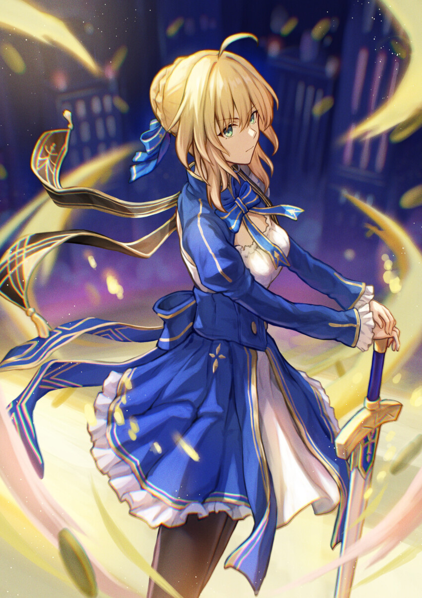 1girl absurdres ahoge artoria_pendragon_(fate) black_pantyhose blonde_hair blue_dress blue_ribbon breasts commentary_request dress excalibur_(fate/stay_night) fate/stay_night fate_(series) green_eyes hair_bun hair_ribbon highres holding holding_sword holding_weapon honkai:_star_rail honkai_(series) isome juliet_sleeves long_sleeves pantyhose planted planted_sword planted_weapon puffy_sleeves ribbon saber_(fate) saber_(honkai:_star_rail)_(fate) sidelocks small_breasts solo sword weapon
