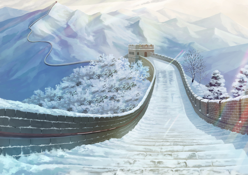 bare_tree great_wall_of_china highres hill light_rays mountain no_humans original panorama scenery snow tower tree winter yurakusai