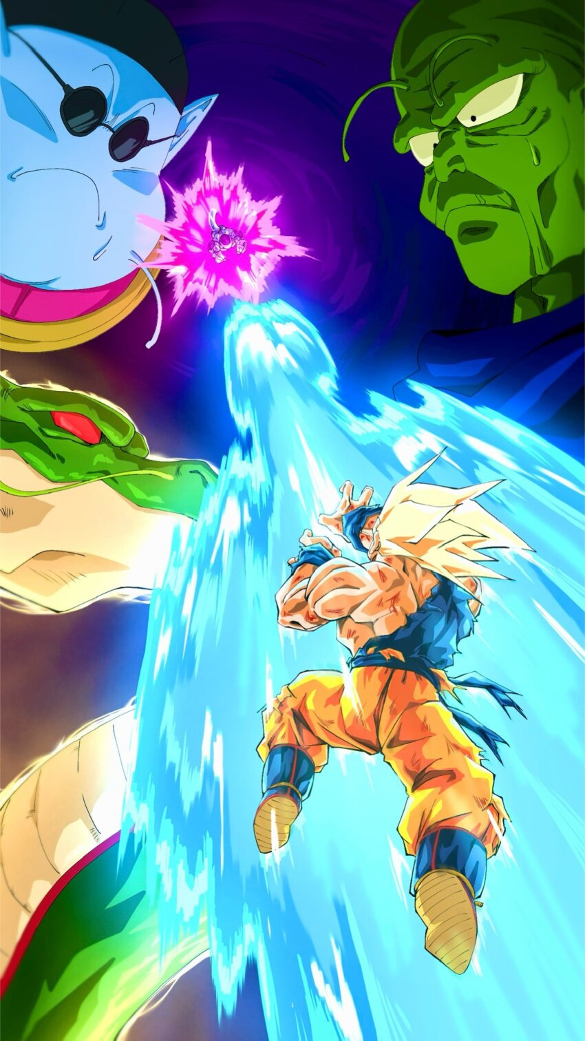 4boys absurdres antennae aura blonde_hair blue_shirt blue_skin colored_skin dragon dragon_ball dragonball_z frieza green_skin highres kamehameha_(dragon_ball) kami-sama_(dragon_ball) male_focus medium_hair multiple_boys muscular muscular_male nishitakuart no_eyebrows north_kaiou orange_pants pants pointy_ears shenron_(dragon_ball) shirt son_goku spiked_hair torn_clothes torn_pants torn_shirt white_skin
