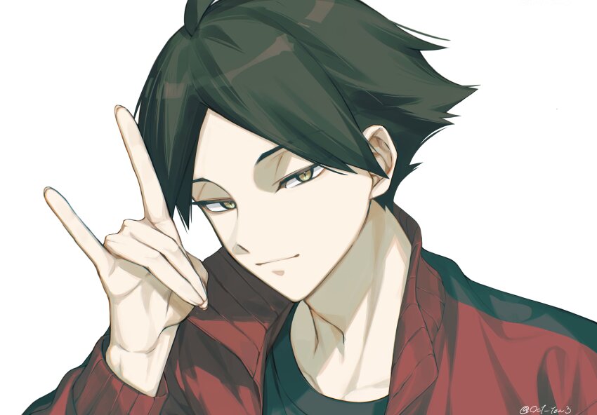 1boy absurdres ahoge black_hair black_shirt closed_mouth fox_shadow_puppet haikyuu!! highres jacket long_sleeves looking_at_viewer male_focus oct_ten3 open_clothes open_jacket parted_bangs shirt short_hair simple_background slit_pupils solo suna_rintarou track_jacket twitter_username white_background yellow_eyes