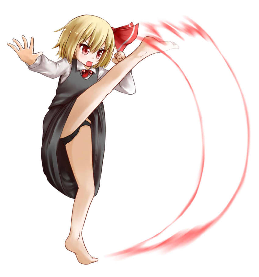 1girl barefoot black_panties blonde_hair child clenched_hand d: d:&lt; female_focus genocide_cutter high_kick kabi_killer kicking open_mouth panties pantyshot red_eyes rumia shirt short_hair skirt solo standing touhou trail underwear v-shaped_eyebrows vest