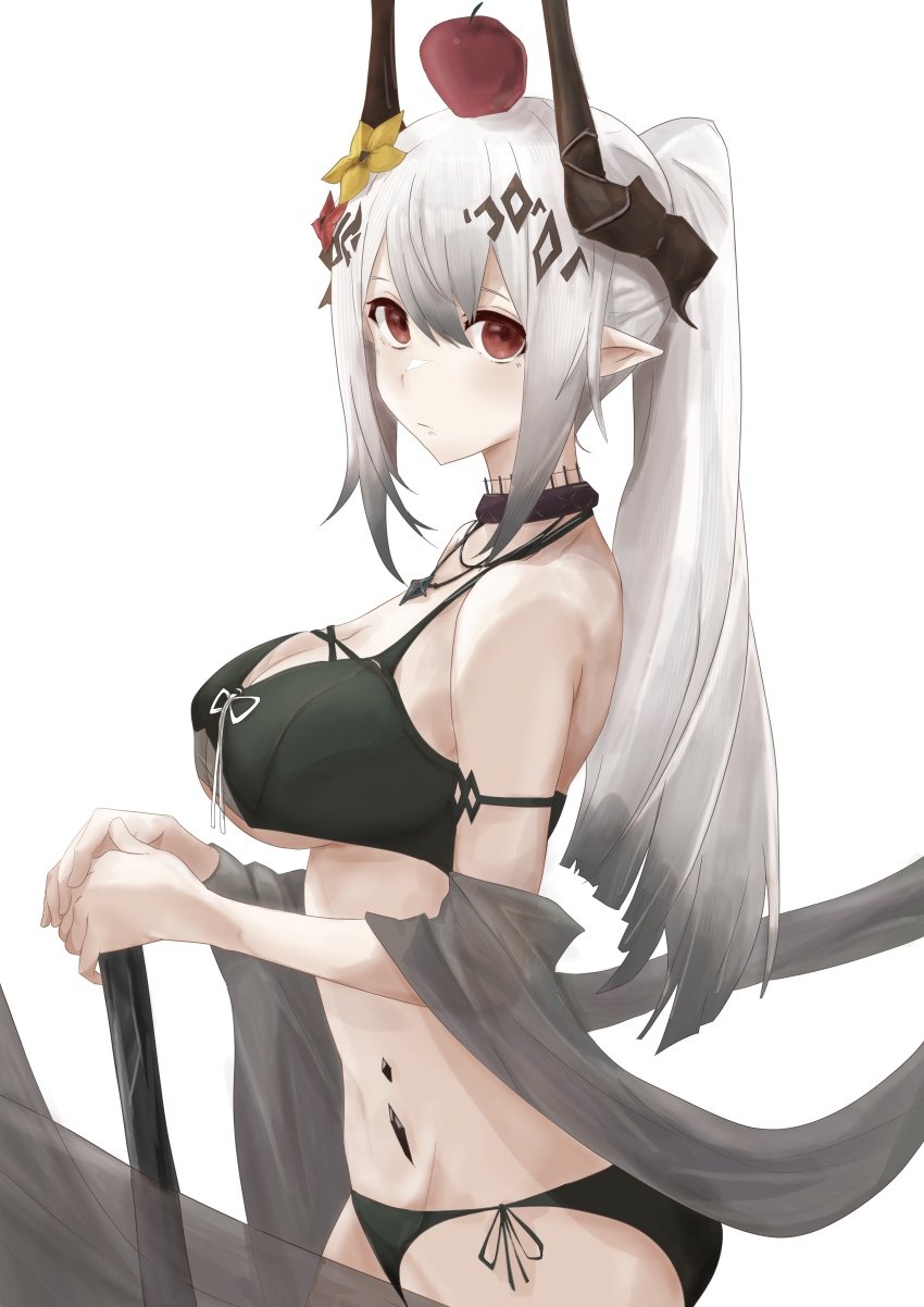 1girl absurdres apple arknights bikini black_bikini breasts brown_horns cleavage closed_mouth cowboy_shot expressionless flower food food_on_head from_side fruit fruit_on_head gradient_hair grey_hair groin hair_between_eyes highres horns large_breasts lastmatch500 long_hair looking_at_viewer material_growth mudrock_(arknights) mudrock_(silent_night)_(arknights) multicolored_hair object_on_head official_alternate_costume oripathy_lesion_(arknights) own_hands_together pointy_ears ponytail red_eyes side-tie_bikini_bottom sidelocks simple_background solo standing swimsuit white_background white_hair yellow_flower