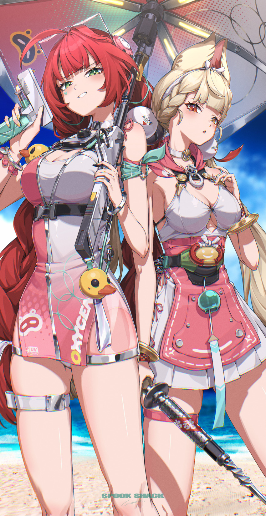 2girls absurdres alice_thymefield alice_thymefield_(sea_of_thyme) animal_ears bare_shoulders blonde_hair braid breasts cleavage english_text green_eyes hairband heart heart_tattoo heterochromia highres holding holding_umbrella holding_water_gun long_hair looking_at_viewer low_twintails multiple_girls official_alternate_costume one-piece_swimsuit outdoors parted_lips pink_one-piece_swimsuit pleated_skirt rabbit_ears rabbit_girl red_eyes red_hair skirt smile sphere_hair_ornament standing swimsuit tattoo thigh_strap twintails two-tone_one-piece_swimsuit ukinami_yuzuha ukinami_yuzuha_(tanuki_in_broad_daylight) umbrella very_long_hair water_gun white_hairband white_skirt yellow_eyes yo_na zenless_zone_zero
