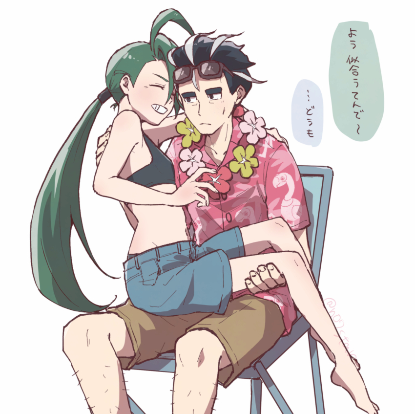 1boy 1girl chair green_hair highres larry_(pokemon) larry_(special_costume)_(pokemon) midriff multicolored_hair navel nintendo no7star on_chair one-piece_swimsuit pink_shirt pokemon pokemon_masters_ex pokemon_sv rika_(pokemon) shirt shorts sitting sitting_on_person stomach sunglasses swimsuit two-tone_hair