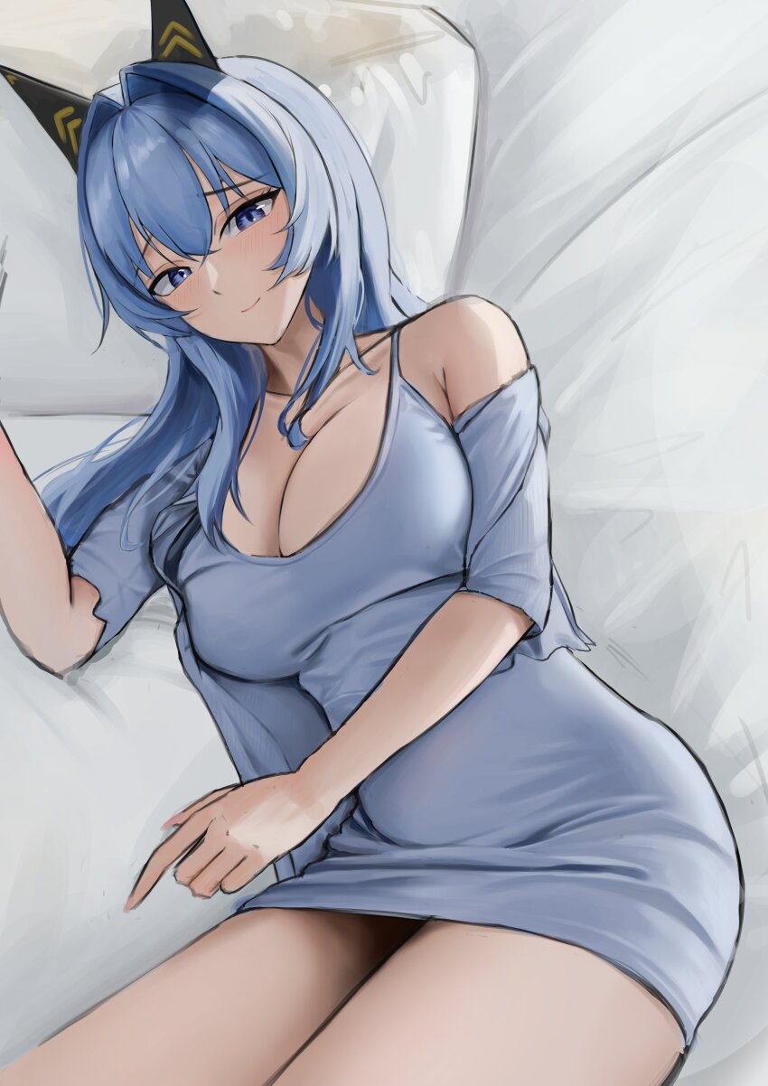 1girl absurdres alternate_costume blue_dress blue_eyes bodam braid breasts closed_mouth detached_sleeves dress goddess_of_victory:_nikke hair_between_eyes hair_intakes helm_(nikke) highres large_breasts light_blush long_hair looking_at_viewer lying on_side smile solo