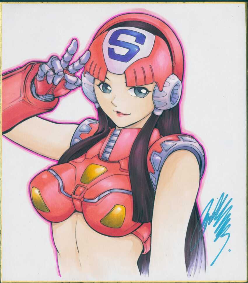 1girl andy_seto black_hair blunt_ends breasts chinese_commentary commentary_request crop_top gauntlets helmet highres marker_(medium) medium_breasts midriff parted_lips plawres_sanshirou sakurahime signature solo traditional_media upper_body v