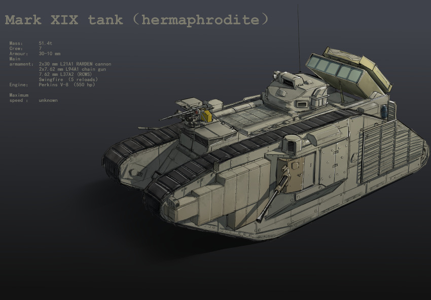anachronism autocannon cannon dieselpunk grey_background gun highres kuromori_(1010845110) machine_gun mark_iv_tank military military_vehicle missile_pod motor_vehicle no_humans original reactive_armor stats tank vehicle_name weapon