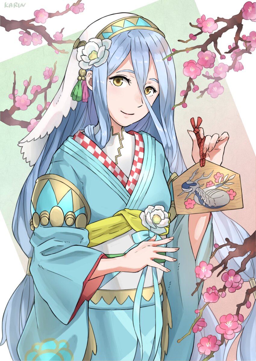 1girl absurdres artist_name azura_(celebratory_spirit)_(fire_emblem) azura_(fire_emblem) blue_hair blue_kimono cherry_blossoms closed_mouth fire_emblem fire_emblem_fates fire_emblem_heroes flower hair_between_eyes highres japanese_clothes karrincorrin kimono long_hair nintendo obi official_alternate_costume pink_flower sash simple_background smile solo veil very_long_hair wide_sleeves yellow_eyes