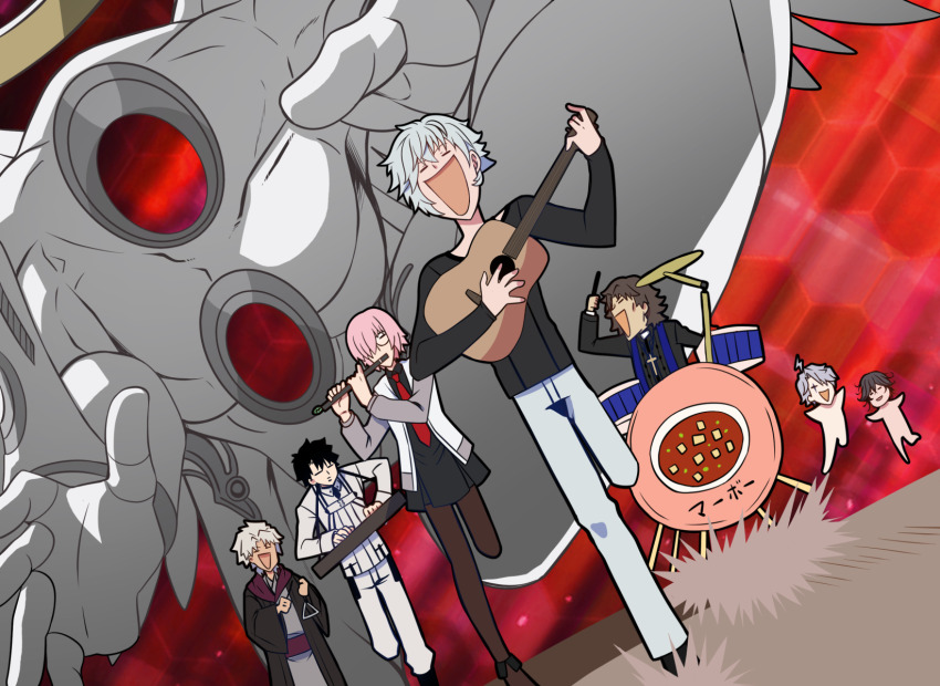 1girl 6+boys ahoge amakusa_shirou_(fate) black_hair black_shirt brown_hair brown_pantyhose closed_eyes cross cross_necklace dante_alighieri_(fate) dark-skinned_male dark_skin drum drum_set fate/grand_order fate_(series) flute fujimaru_ritsuka_(male) fujimaru_ritsuka_(male)_(decisive_battle_chaldea_uniform) grey_hair guitar haori highres hirakawa instrument james_moriarty_(ruler)_(fate) japanese_clothes jewelry kadoc_zemlupus keyboard_(instrument) kimono kotomine_kirei mash_kyrielight multiple_boys music necklace necktie pants pantyhose parody pink_hair playing_instrument rasputin_(fate) red_necktie running sexy_commando_gaiden:_sugoiyo!_masaru-san shirt transverse_flute triangle_(instrument) trinity_metatronius_(fate/grand_order) white_pants
