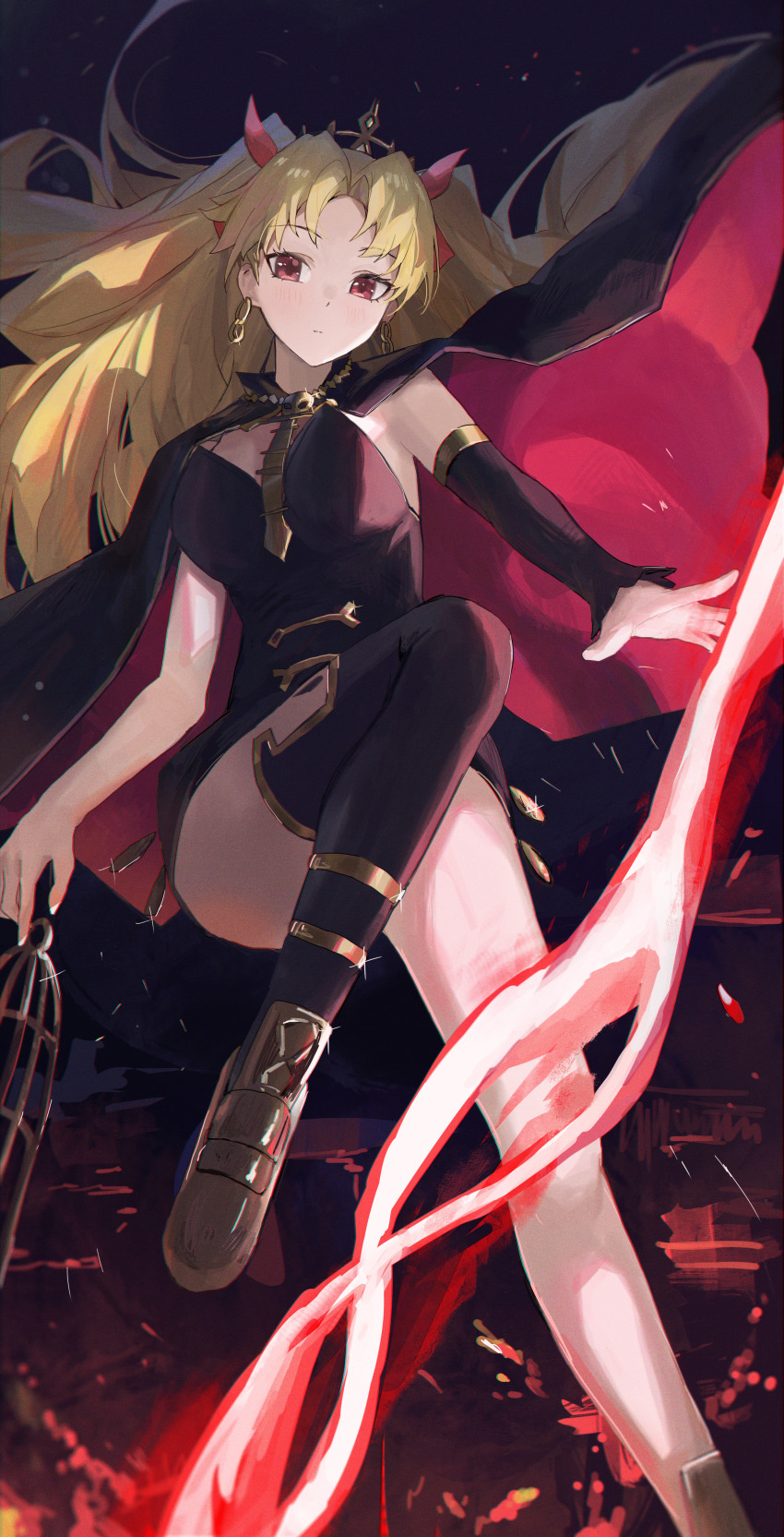 1girl absurdres birdcage black_cape black_dress black_sleeves black_thighhighs blonde_hair blush brown_shoes cage cape closed_mouth commentary_request detached_sleeves dress earrings ereshkigal_(fate) fate/grand_order fate_(series) hair_ribbon highres holding holding_cage jewelry jianjia long_hair looking_at_viewer parted_bangs red_cape red_eyes red_ribbon ribbon shoes single_detached_sleeve single_thighhigh thighhighs tiara two-tone_cape two_side_up