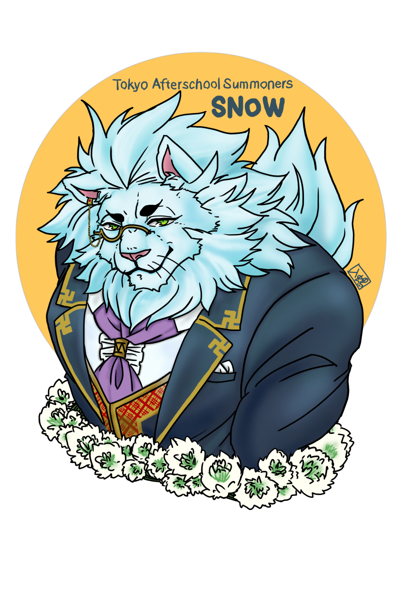 1boy absurdres animal_ears ascot black_suit character_name closed_mouth commentary_request copyright_name flower formal_clothes furry furry_male green_eyes highres irurahiko lion_boy lion_ears lion_mane lion_tail looking_at_viewer male_focus monocle purple_ascot signature smile snow_(housamo) suit tail tokyo_houkago_summoners upper_body whiskers