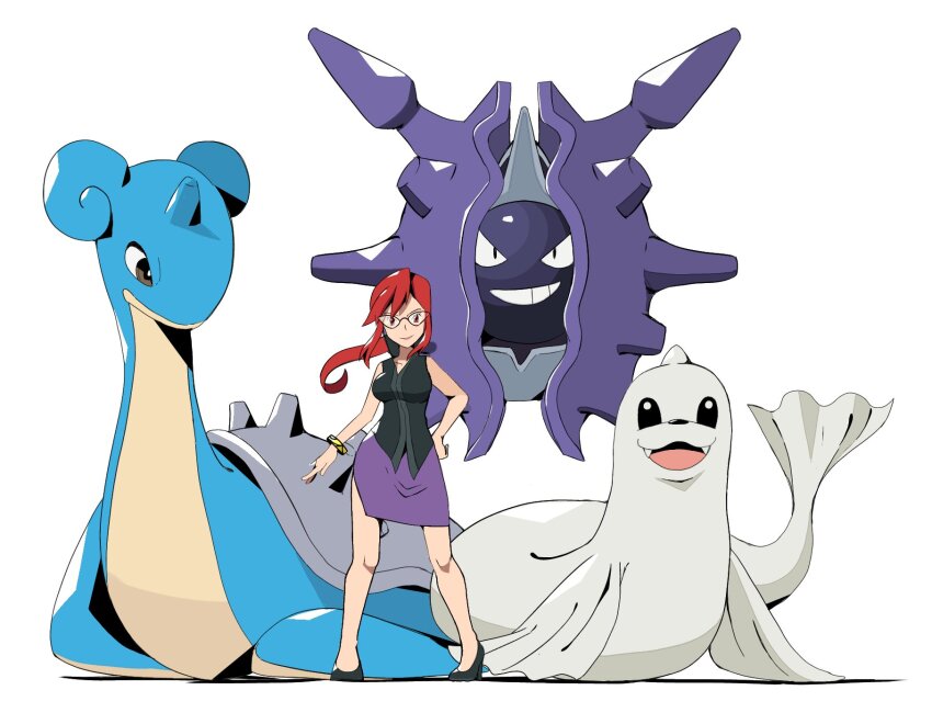 1girl black_shirt black_shoes bracelet closed_mouth cloyster commentary dewgong gen_1_pokemon glasses hand_on_own_hip highres jewelry knees lapras long_hair looking_at_viewer lorelei_(pokemon) nintendo pokemon pokemon_(creature) pokemon_frlg psaber97 purple_skirt red_hair shirt shoes sidelocks skirt sleeveless sleeveless_shirt smile standing white_background