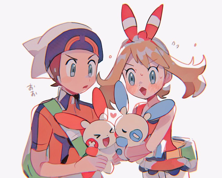 1boy 1girl brendan_(pokemon) commentary diamond_mouth gen_3_pokemon hat heart hinann_bot holding holding_pokemon may_(pokemon) minun nintendo plusle pokemon pokemon_(creature) pokemon_oras simple_background symbol-only_commentary white_background