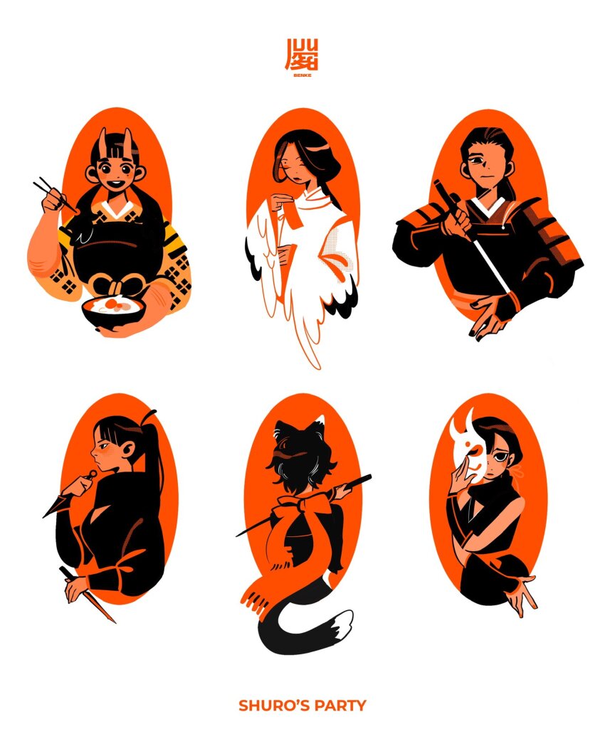 1boy 5girls animal_ears armor benichidori black_hair black_robe black_scarf bowl breasts bxnke cat_ears cat_girl cat_tail character_name chopsticks cleavage closed_eyes dagger dungeon_meshi facing_away hien highres holding holding_bowl holding_chopsticks holding_dagger holding_knife holding_mask holding_sword holding_weapon horns inutade izutsumi japanese_armor japanese_clothes knife kunai limited_palette long_hair looking_at_viewer maizuru mask mature_female medium_breasts multiple_girls ninja oni oval ponytail profile red_scarf robe scarf short_hair shurou signature simple_background skin-covered_horns sword tail twintails upper_body weapon white_background white_wings wings