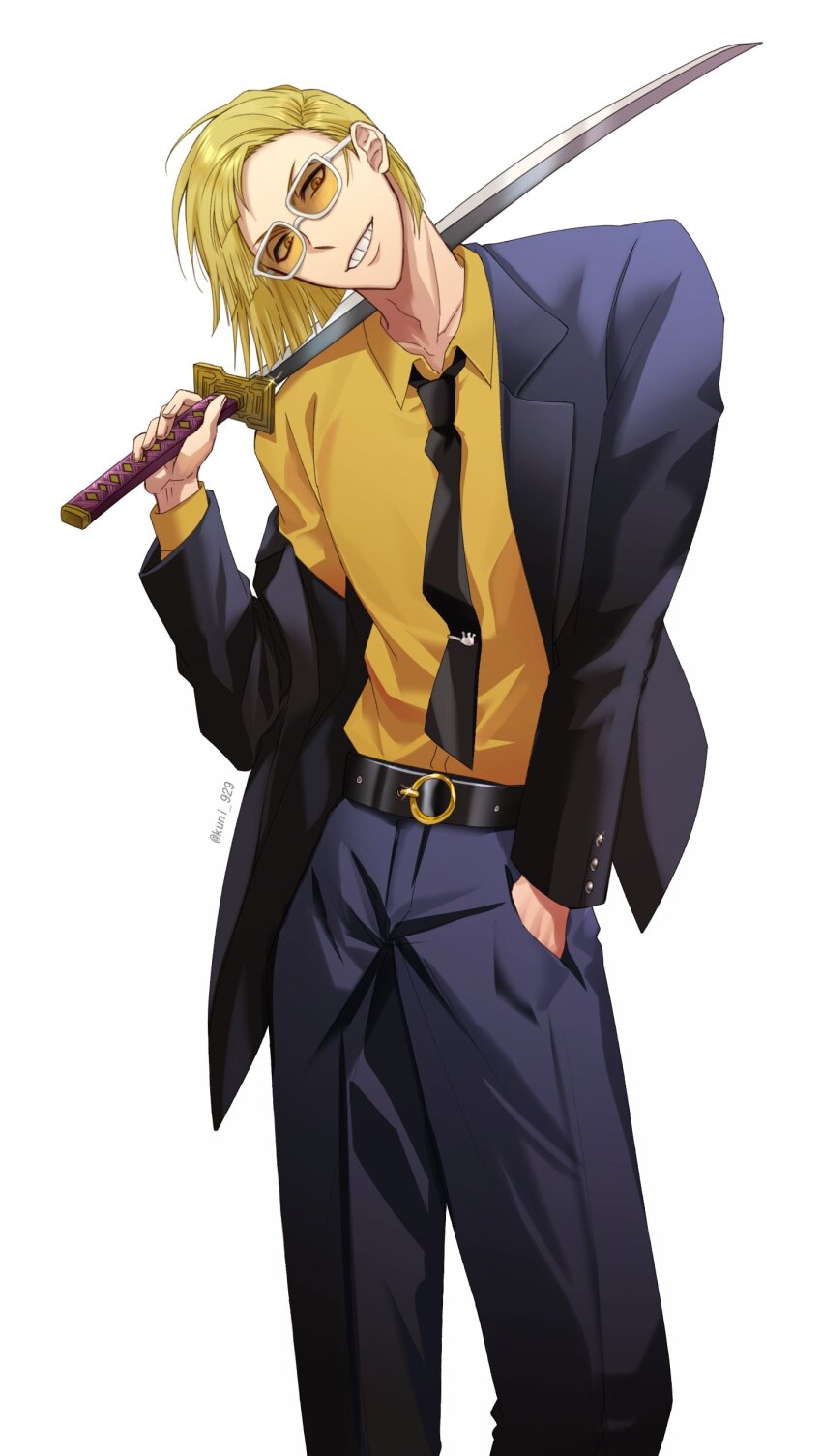 1boy :d absurdres adapted_costume belt bespectacled black_belt black_necktie black_pants black_suit bleach blonde_hair brown_eyes collared_shirt commentary contrapposto feet_out_of_frame forehead formal_clothes glasses glint grin hand_in_pocket hand_up head_tilt highres hirako_shinji holding holding_sword holding_weapon katana kuni_929 long_sleeves looking_at_viewer male_focus necktie open_mouth orange_shirt over_shoulder pants shirt short_hair simple_background smile solo standing suit sunglasses sword sword_over_shoulder teeth twitter_username v-shaped_eyebrows weapon weapon_over_shoulder white_background