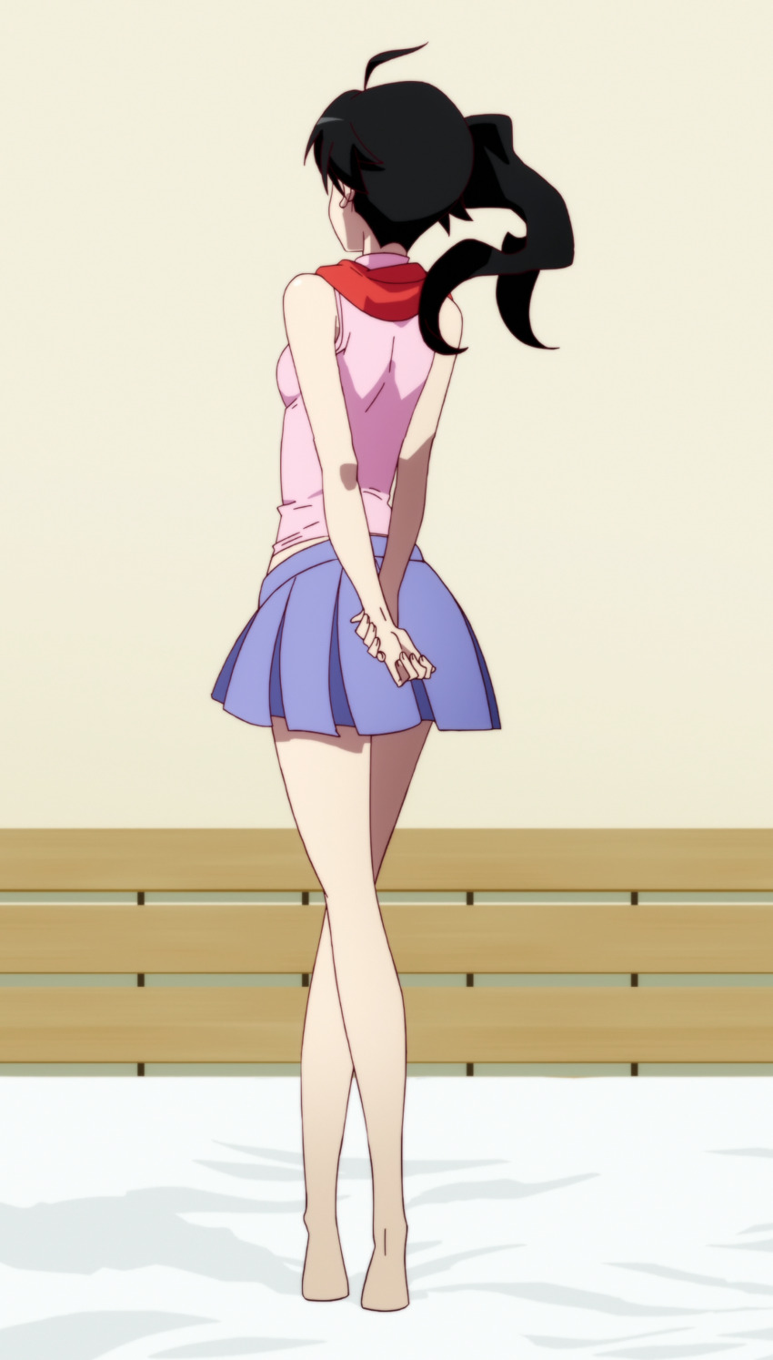 1girl absurdres ahoge anime_screenshot araragi_karen asymmetrical_hair back barefoot black_hair facing_away female_focus highres long_legs miniskirt monogatari_(series) nisemonogatari side_ponytail skirt solo stitched third-party_edit