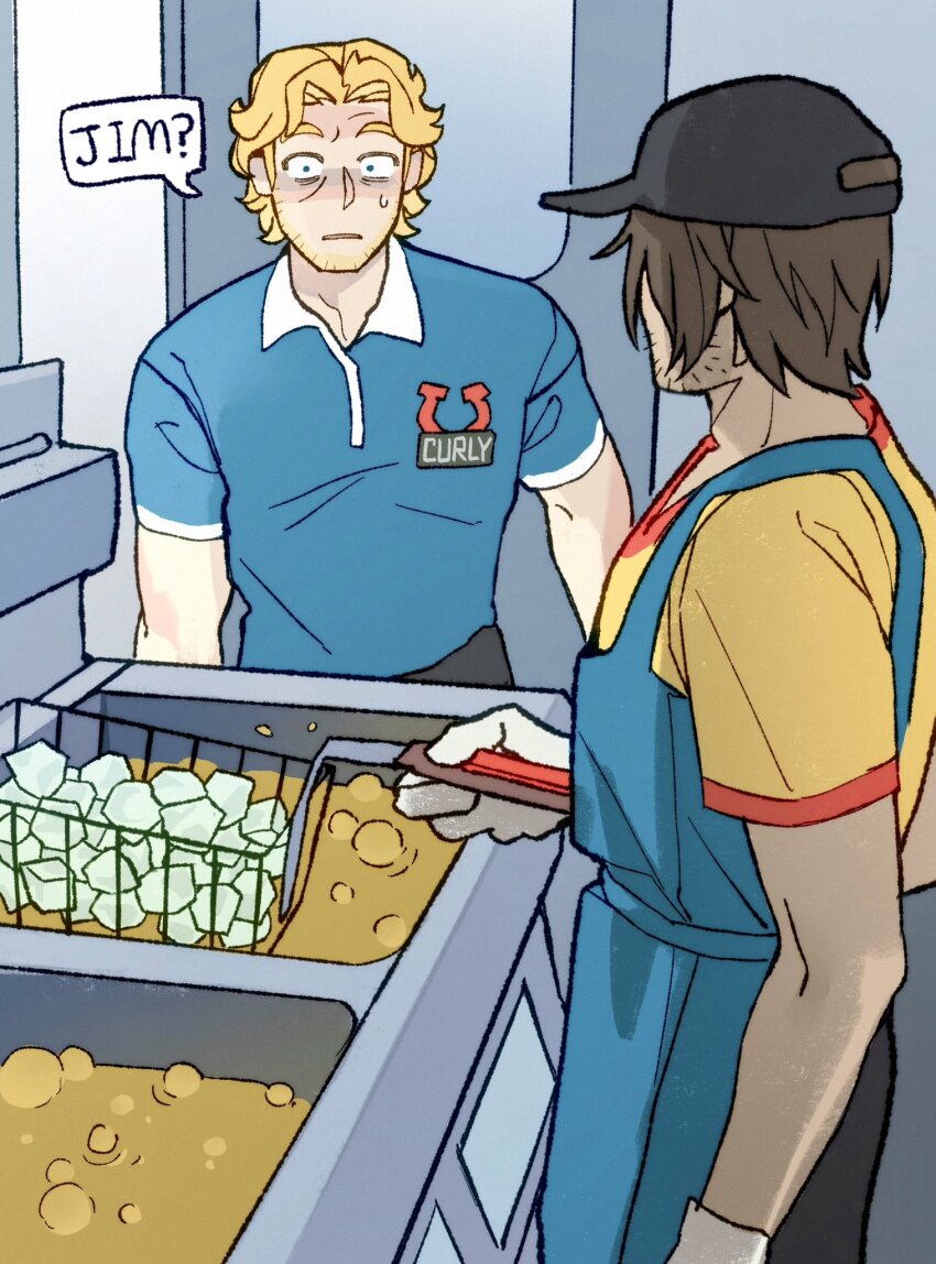 2boys black_hat black_pants blonde_hair blue_eyes blue_shirt brown_hair cooking cooking_oil curly_(mouthwashing) curly_(pre-crash)_(mouthwashing) deep_fryer deep_frying dule_(anhaidule) employee_uniform facial_hair fast_food_uniform gloves hat highres holding ice jimmy_(mouthwashing) male_focus mouthwashing multiple_boys pants shirt short_hair short_sleeves sweatdrop turn_pale white_gloves yellow_shirt