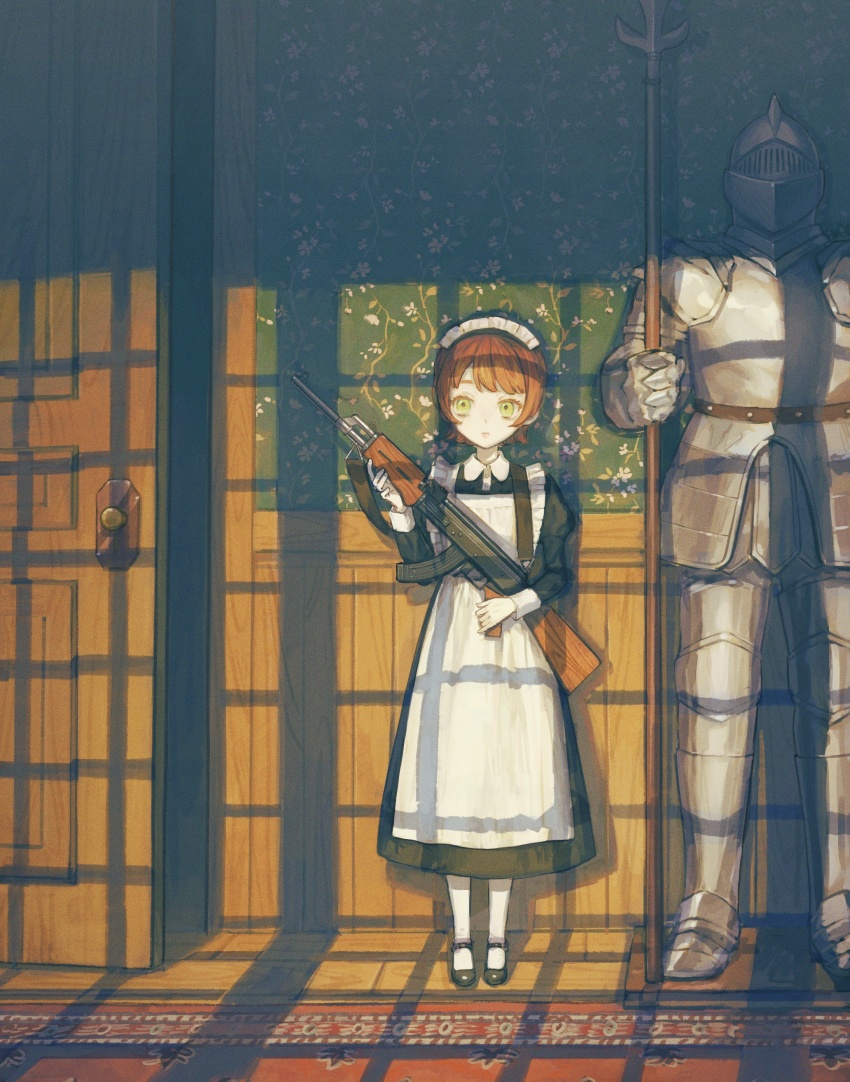 1girl absurdres akm apron armor armor_stand assault_rifle black_dress black_shoes blunt_bangs bob_cut breastplate brown_hair buttons carpet collared_dress door dress expressionless faulds full_armor full_body gauntlets greaves green_eyes gun halberd hallway helm helmet highres holding holding_gun holding_weapon indoors juliet_sleeves kalashnikov_rifle kotobuki_nashiko long_sleeves looking_to_the_side maid maid_apron maid_headdress mary_janes original pantyhose pauldrons polearm puffy_sleeves rifle shade shoes short_hair shoulder_armor solo standing sunlight weapon white_apron white_pantyhose wooden_floor wooden_wall