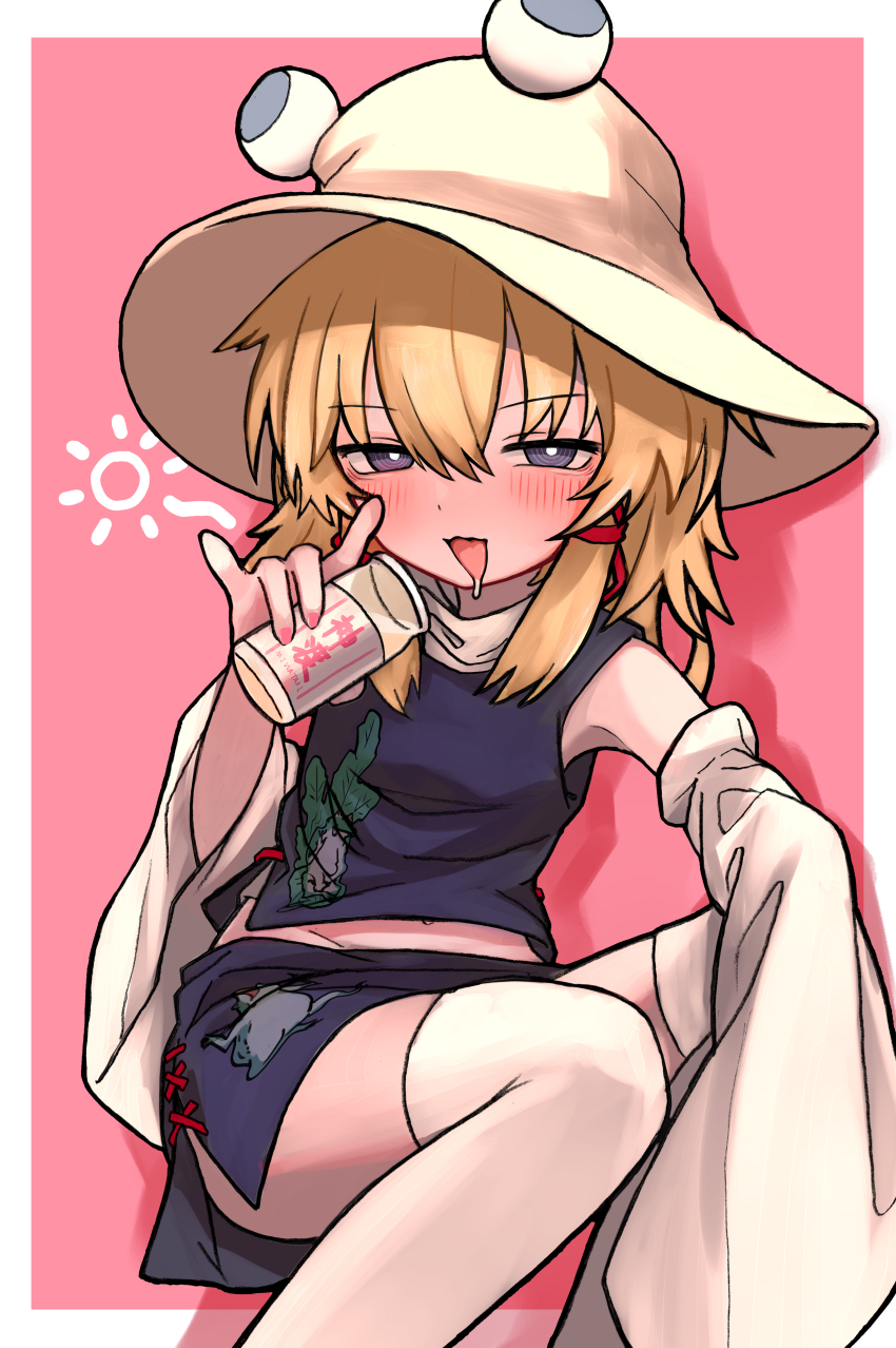 1girl absurdres animal_print blonde_hair blush border bright_pupils brown_hat commentary_request detached_sleeves drunk feet_out_of_frame frog_print hair_between_eyes hat highres holding looking_at_viewer medium_hair midriff_peek moriya_suwako neritch pink_background pink_nails print_skirt print_vest purple_eyes purple_skirt purple_vest saliva skirt skirt_set solo squeans thighhighs tongue tongue_out touhou turtleneck vest white_border white_pupils white_sleeves white_thighhighs wide_sleeves