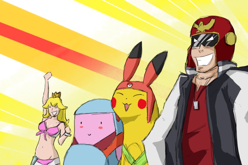 1girl 3boys artist_request boobies_uniform breasts captain_falcon cleavage cosplay crossover crown dandy_(space_dandy) f-zero gen_1_pokemon grin honey_(space_dandy) jacket kirby kirby_(series) mario_(series) meow_(space_dandy) multiple_boys navel nintendo pikachu pokemon princess_peach qt_(space_dandy) smile space_dandy super_mario_bros._1 super_smash_bros.