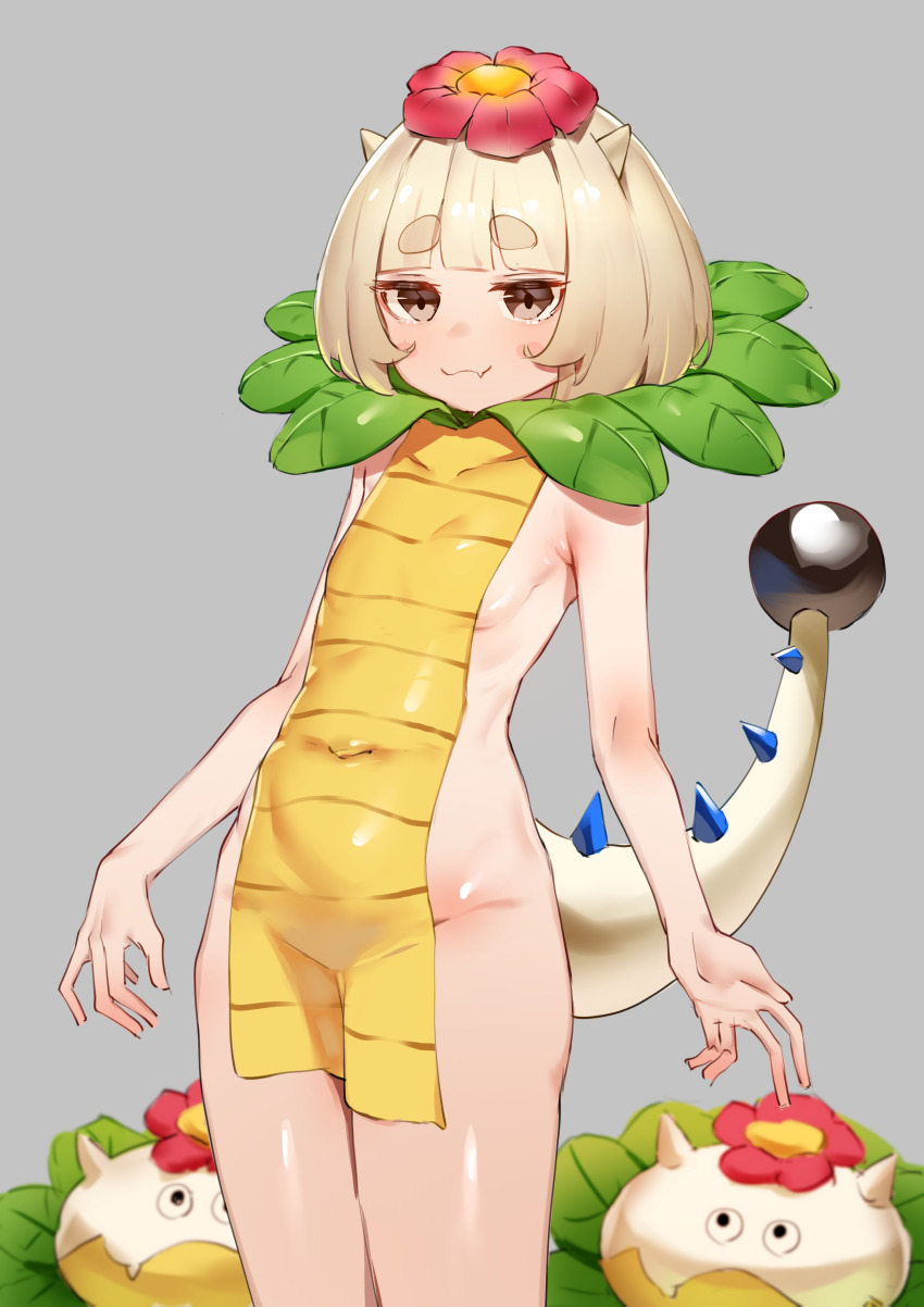 1girl absurdres blonde_hair character_request closed_mouth covered_navel covering_privates dragon_quest dragon_quest_monsters fang flower grey_background hair_flower hair_ornament highres horns kirigirisu1221 looking_at_viewer nude_cover red_flower solo tail thick_eyebrows yellow_eyes