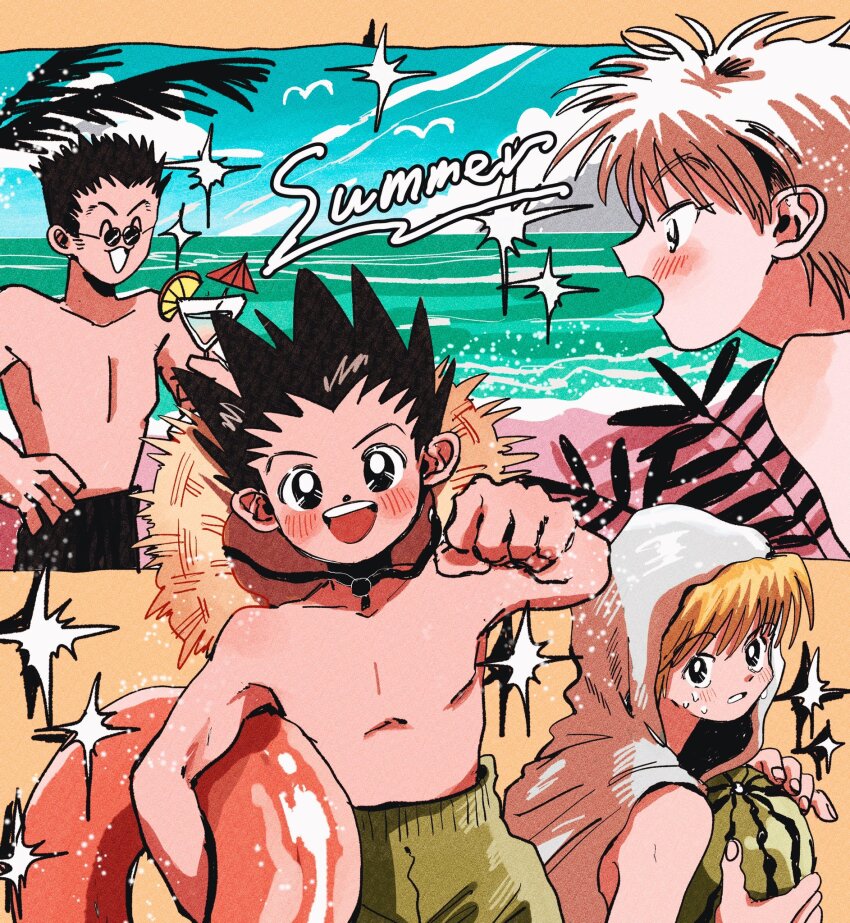 4boys :d alternate_costume beach black_male_swimwear black_swim_trunks blush brown_male_swimwear brown_swim_trunks collage food from_side fruit gon_freecss hat_on_back highres holding holding_swim_ring hood hood_up hunter_x_hunter innertube killua_zoldyck kurapika leorio_paladiknight male_focus male_swimwear multiple_boys no_nipples open_mouth round_eyewear sand smile sparkle sunglasses swim_ring swim_trunks swimsuit toma25252 topless_male watermelon