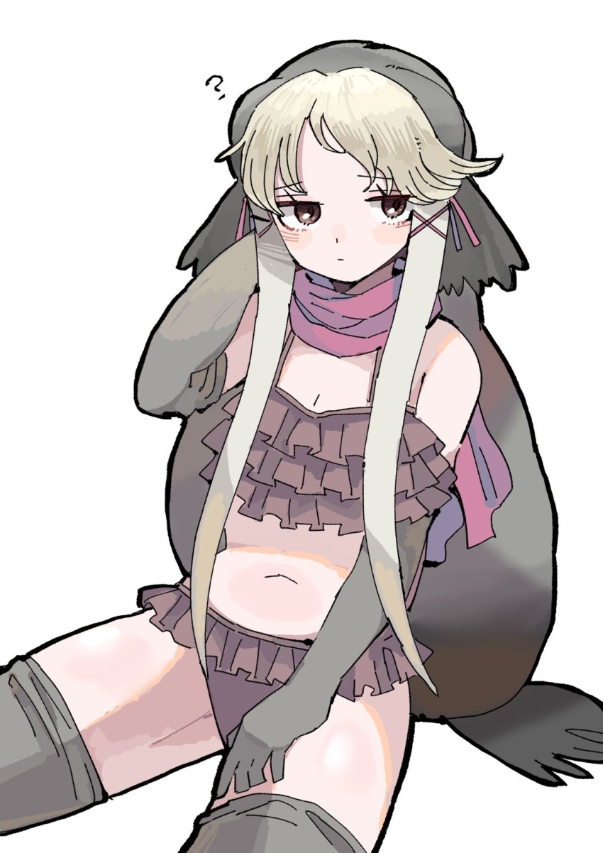 1girl bad_id bad_twitter_id bare_shoulders bikini blonde_hair blush brown_eyes commentary_request elbow_gloves frilled_bikini frills gloves grey_gloves grey_hair grey_thighhighs hand_in_own_hair highres kanmoku-san kemono_friends long_hair midriff multicolored_hair navel pink_bikini pink_scarf scarf short_hair sidelocks sitting sleeveless solo swimsuit thighhighs two-tone_hair walrus_(kemono_friends) zettai_ryouiki