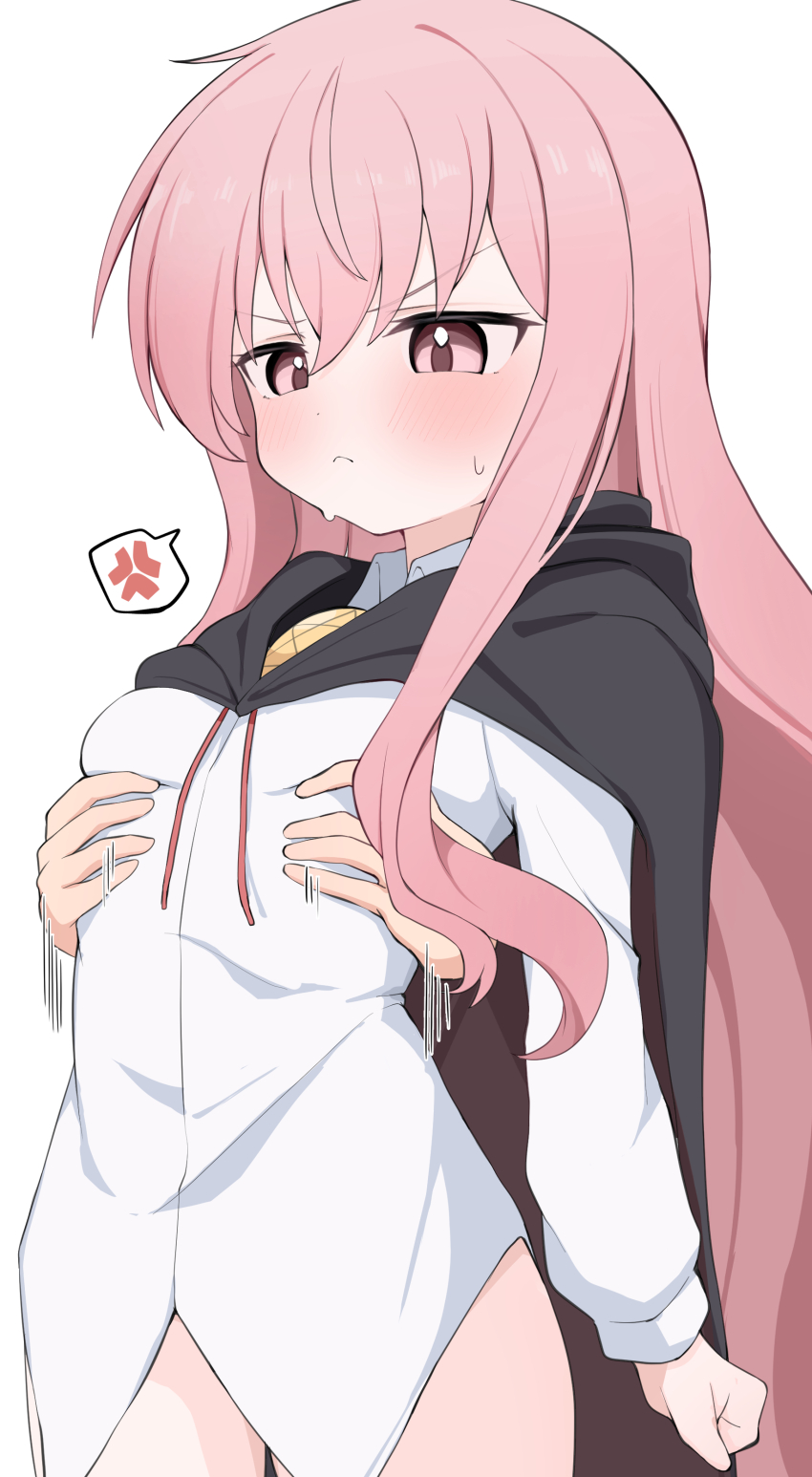 1girl absurdres anger_vein black_cloak breasts cape cloak highres loli long_hair long_sleeves louise_francoise_le_blanc_de_la_valliere nicomi-chan pentacle pentagram pink_eyes pink_hair shirt small_breasts solo_focus speech_bubble spoken_anger_vein very_long_hair white_shirt zero_no_tsukaima