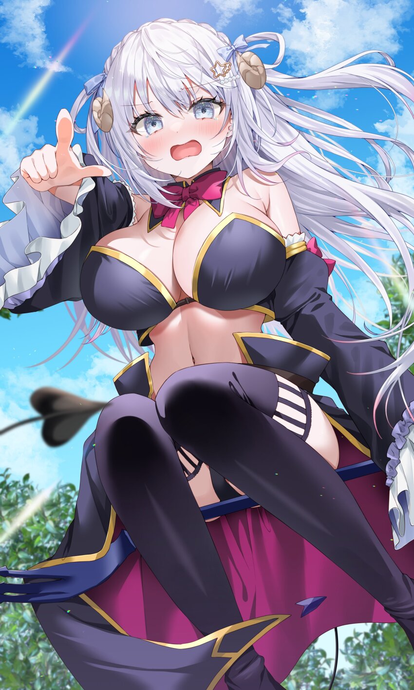 1girl absurdres alt_text arm_at_side armpit_crease bare_shoulders black_boots blue_bow blue_eyes blue_sky blush boots bow bowtie breasts cleavage commentary_request commission cosplay crisis_management_form_(machikado_mazoku) curled_horns curvy day demon_horns detached_collar detached_sleeves eyelashes feet_out_of_frame floating_hair flustered fork frilled_sleeves frills hair_bow hair_ornament heart heart_hair_ornament highres horns indie_virtual_youtuber indoors juliet_sleeves large_breasts long_hair long_sleeves looking_at_viewer machikado_mazoku navel open_mouth outdoors outstretched_arm pink_bow pink_bowtie pointing pointing_at_viewer puffy_sleeves shiroha_nemu sidelocks sitting skeb_commission sky sleeve_bow solo star_(symbol) star_hair_ornament sunlight tears thigh_boots tsurime two_side_up very_long_hair virtual_youtuber white_hair wide_sleeves yam_(yamap_mako) yoshida_yuuko_(machikado_mazoku) yoshida_yuuko_(machikado_mazoku)_(cosplay)